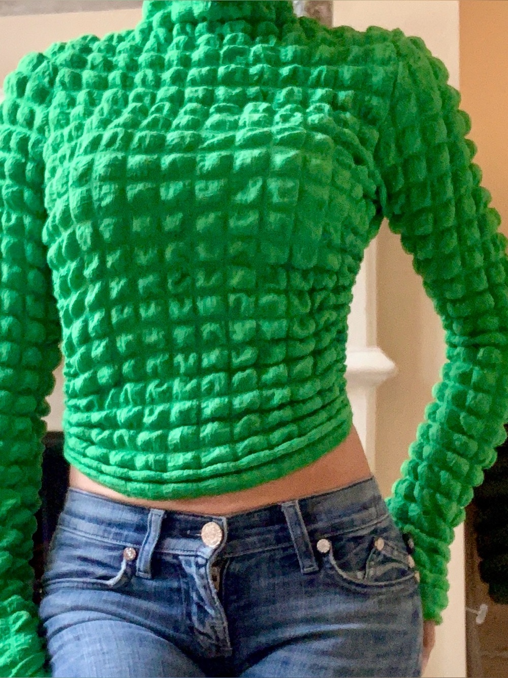 Bright Green Textured Bubble Knit backless Cutout Top